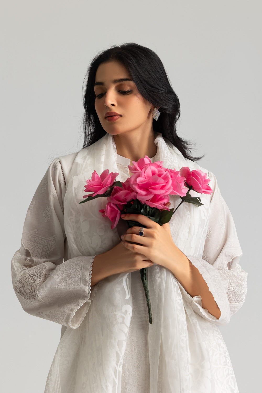 3Pc Paper Cotton Flock Printed Suit With Embroidered