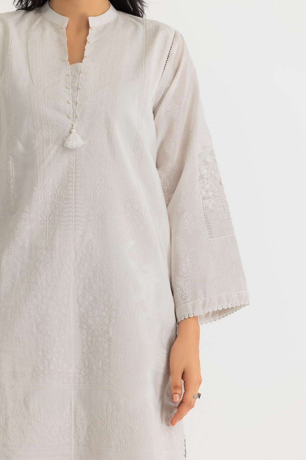 3Pc Paper Cotton Flock Printed Suit With Embroidered