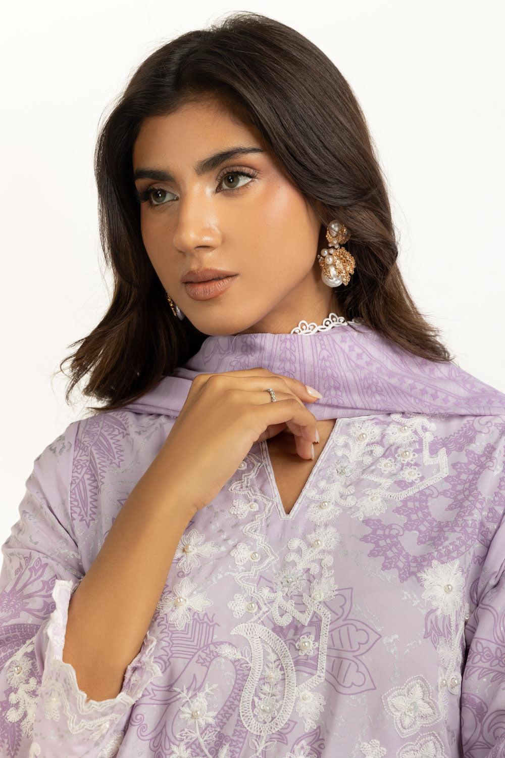 3Pc Poly Cambric Printed Suit With Embroidered