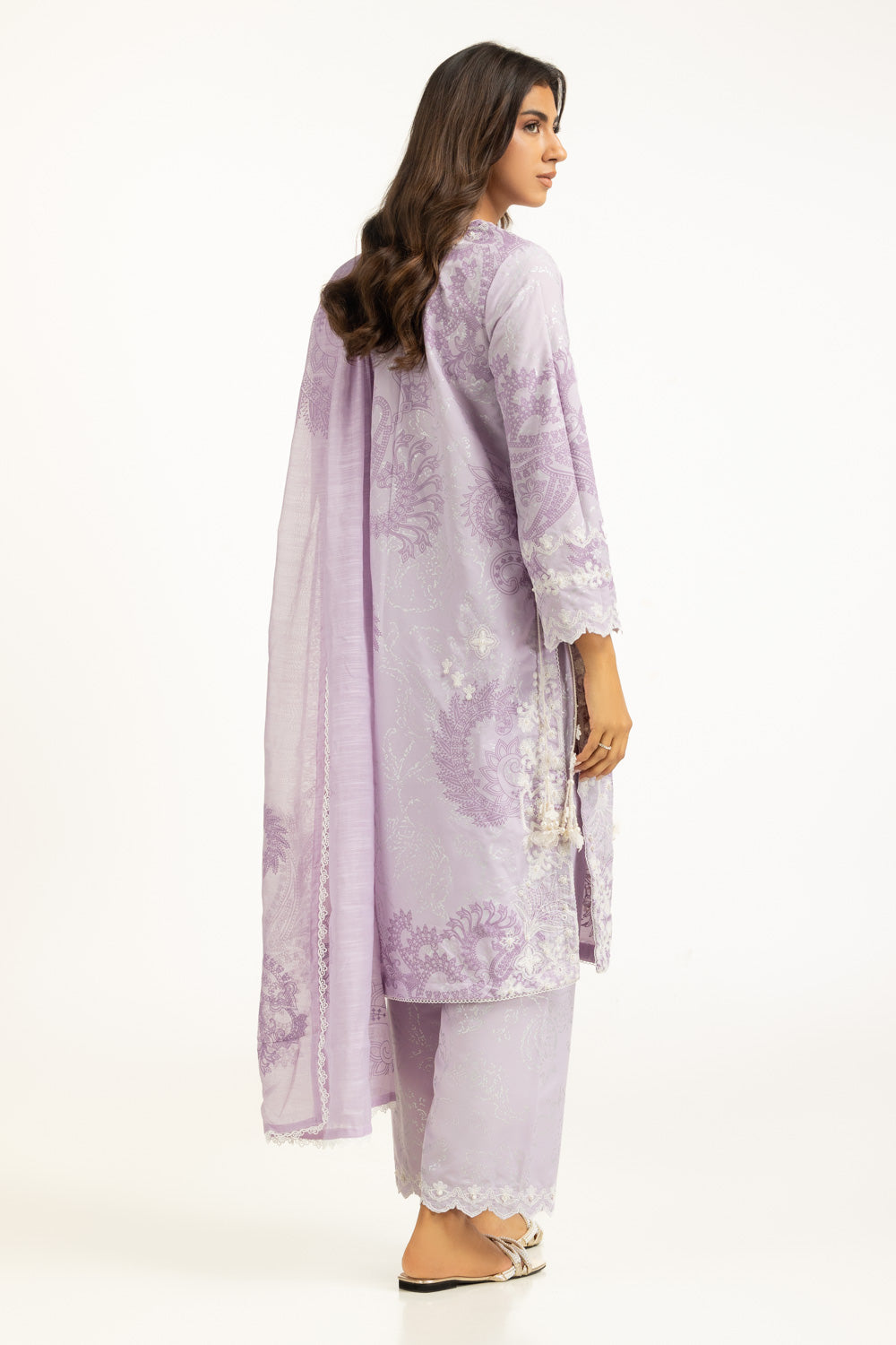 3Pc Poly Cambric Printed Suit With Embroidered
