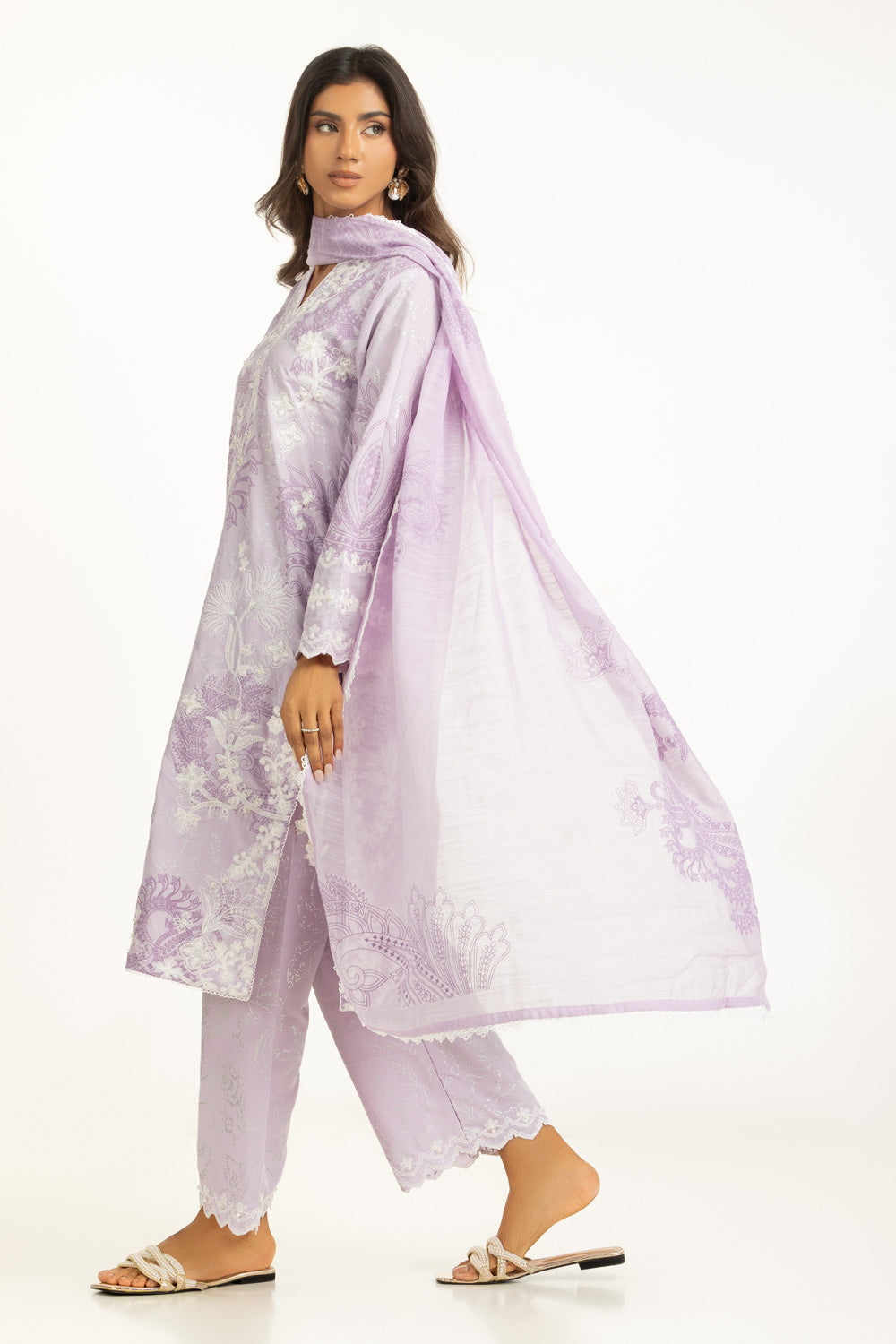 3Pc Poly Cambric Printed Suit With Embroidered