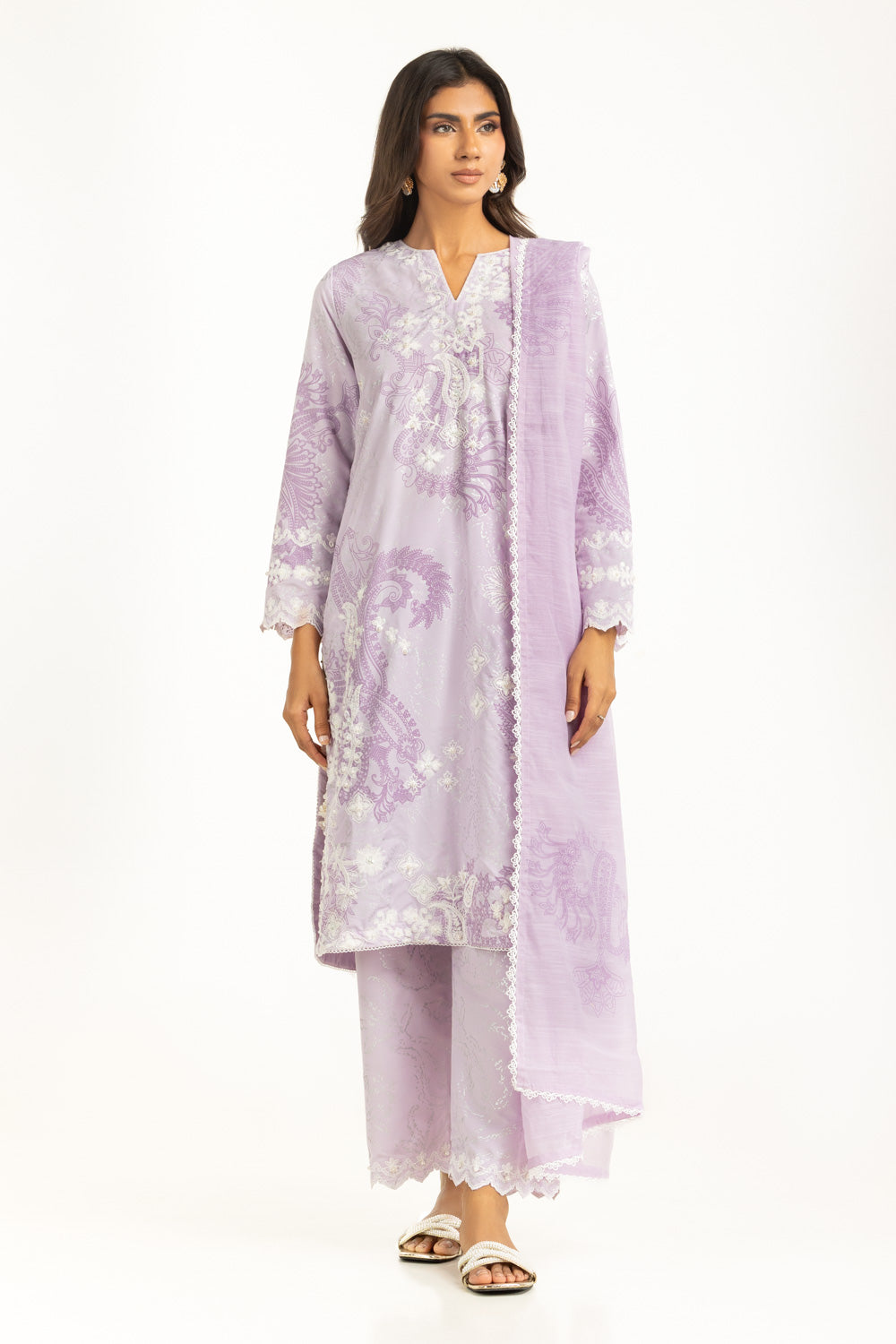 3Pc Poly Cambric Printed Suit With Embroidered