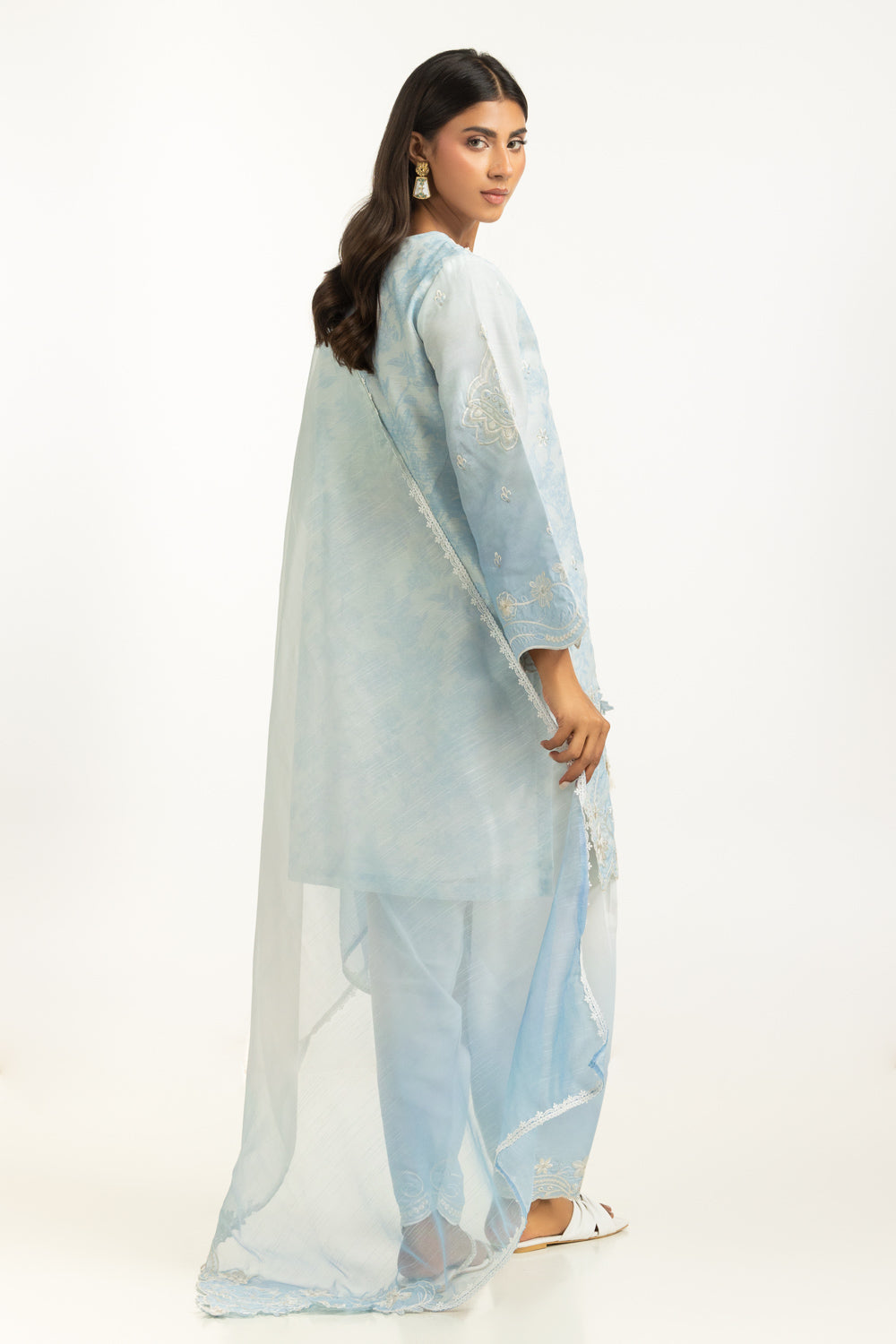 3Pc Poly Slub Printed Suit With Embroidered