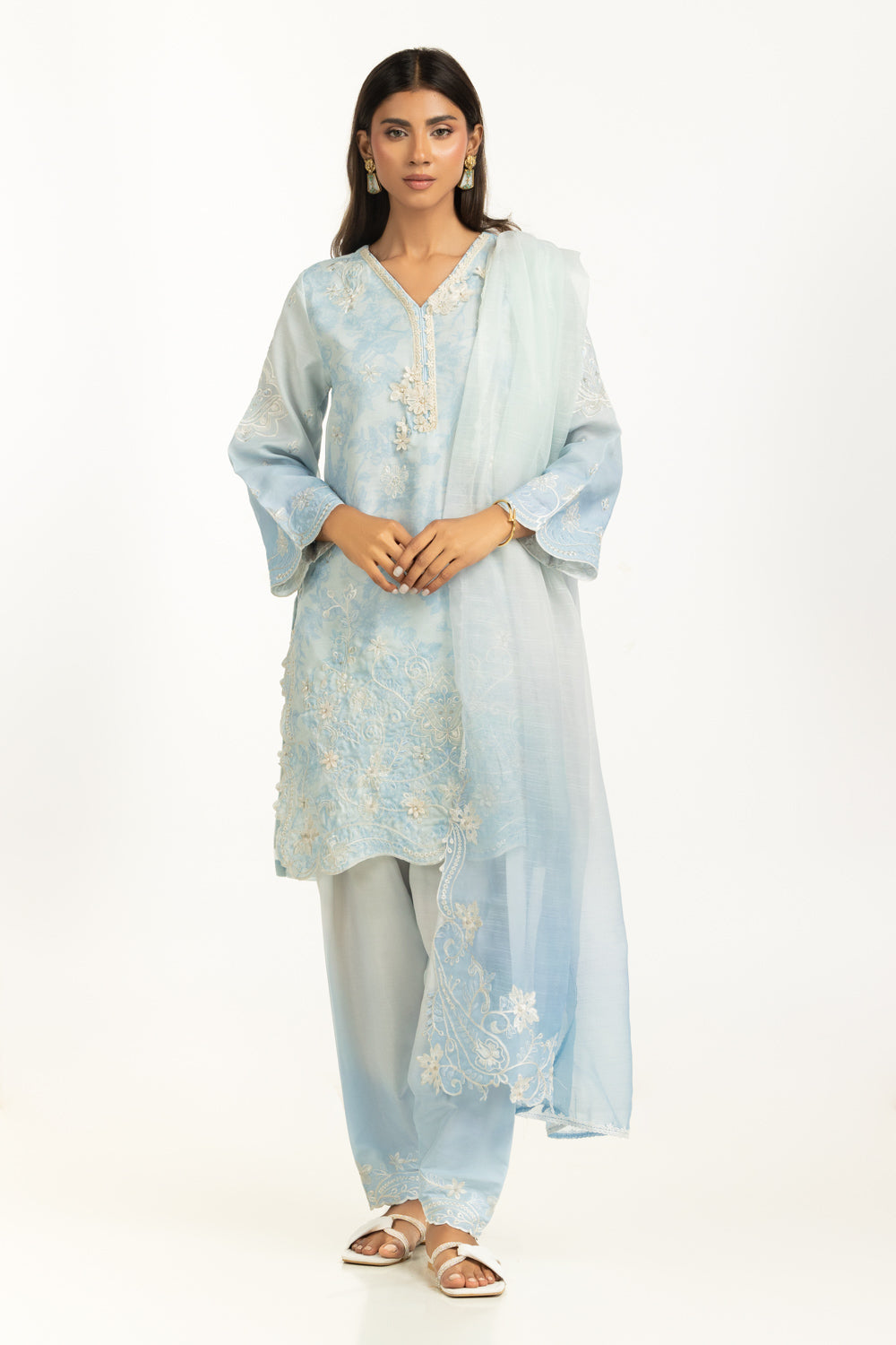 3Pc Poly Slub Printed Suit With Embroidered