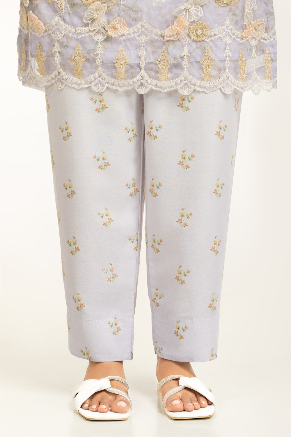 3Pc Poly Slub Printed Suit With Embroidered