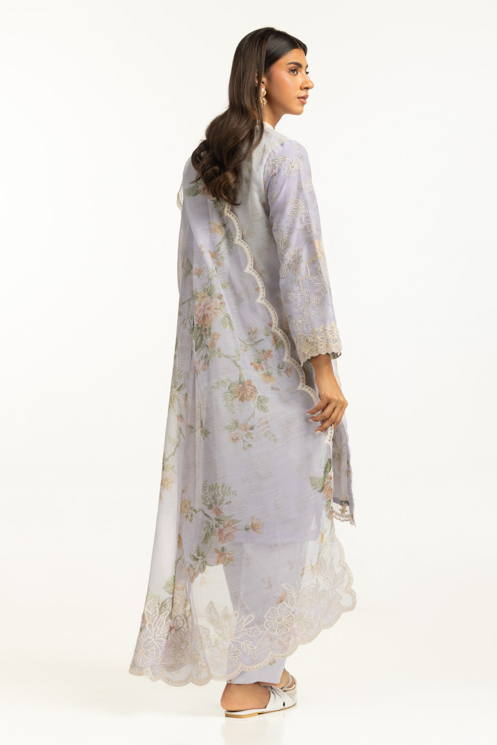 3Pc Poly Slub Printed Suit With Embroidered