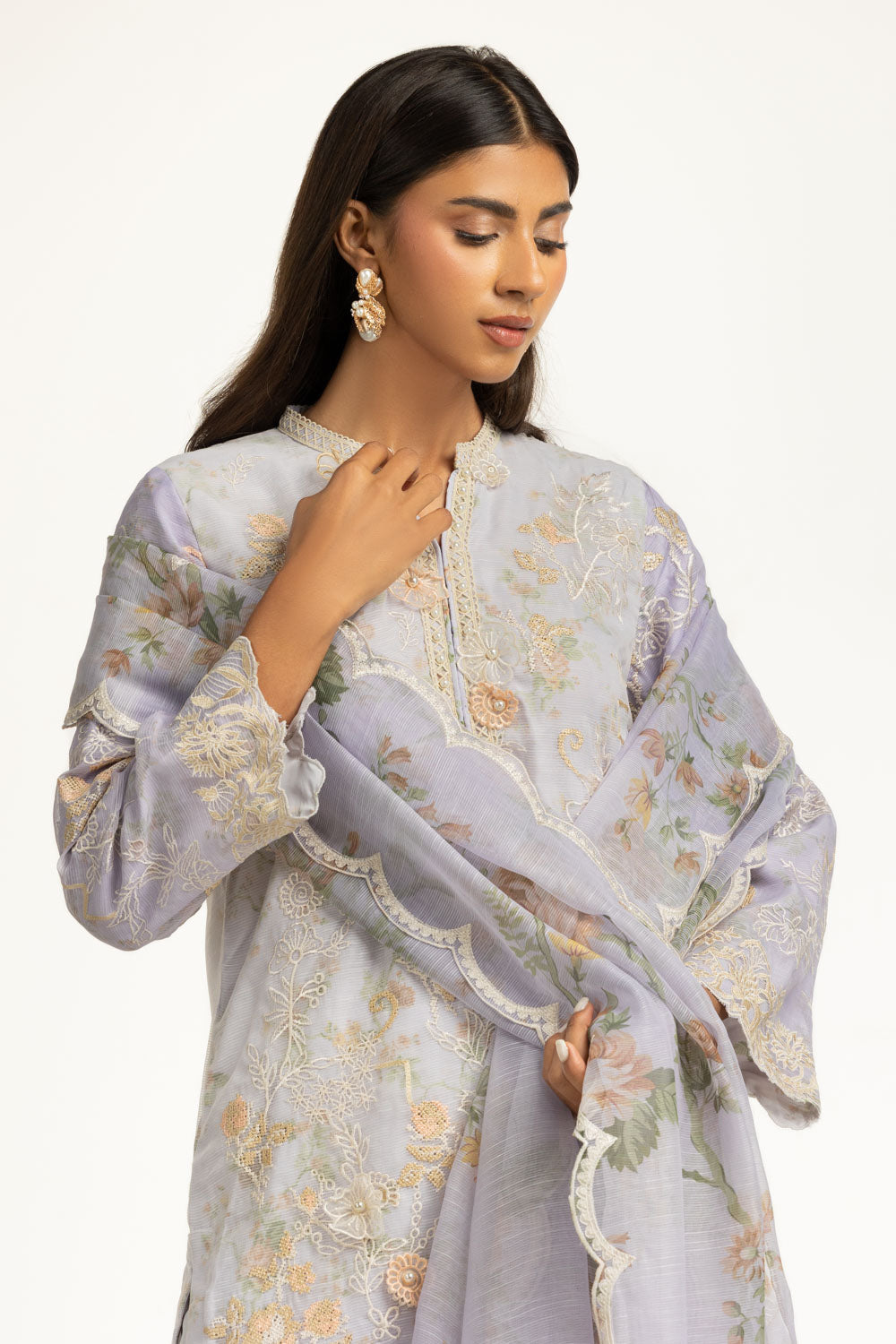 3Pc Poly Slub Printed Suit With Embroidered