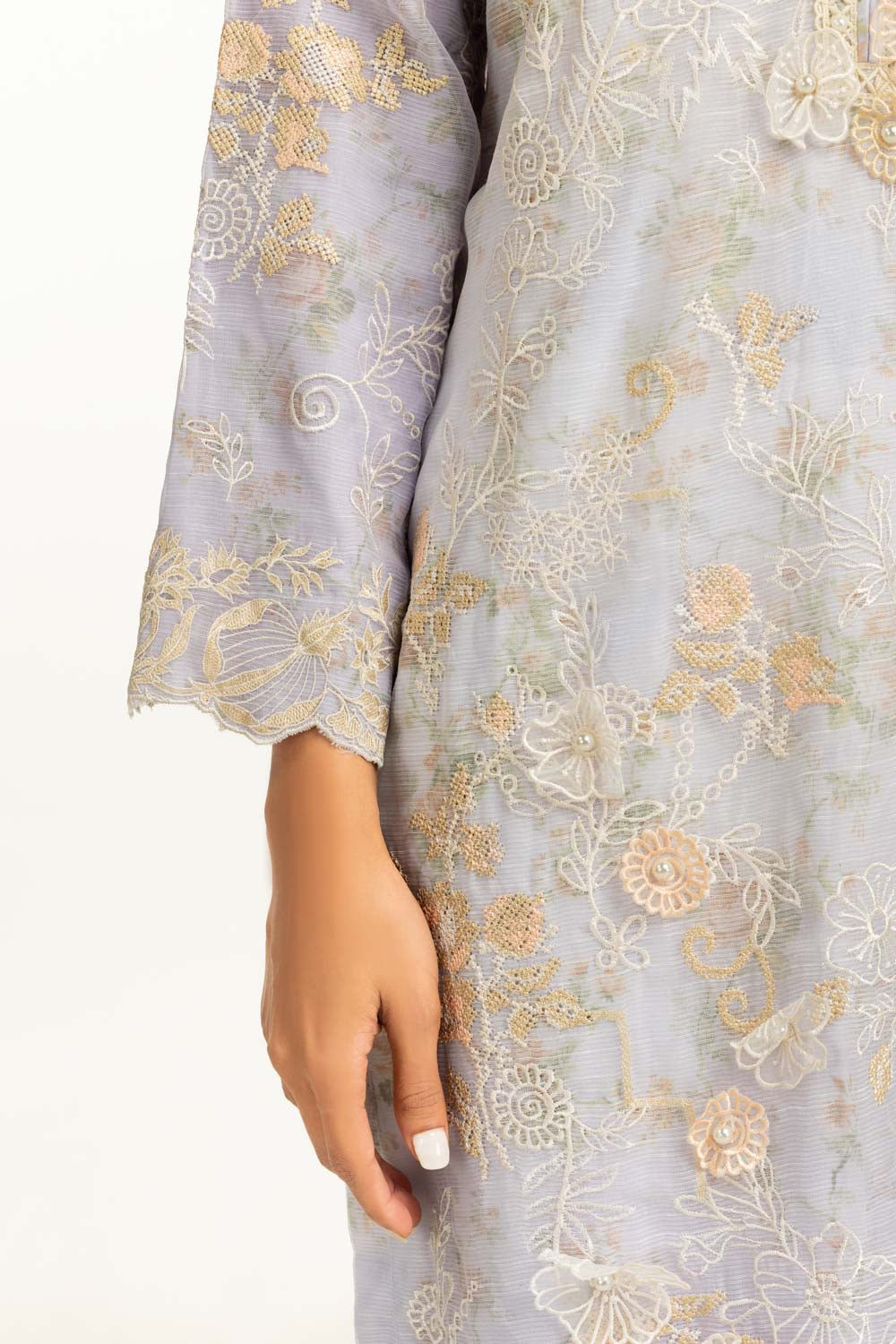 3Pc Poly Slub Printed Suit With Embroidered