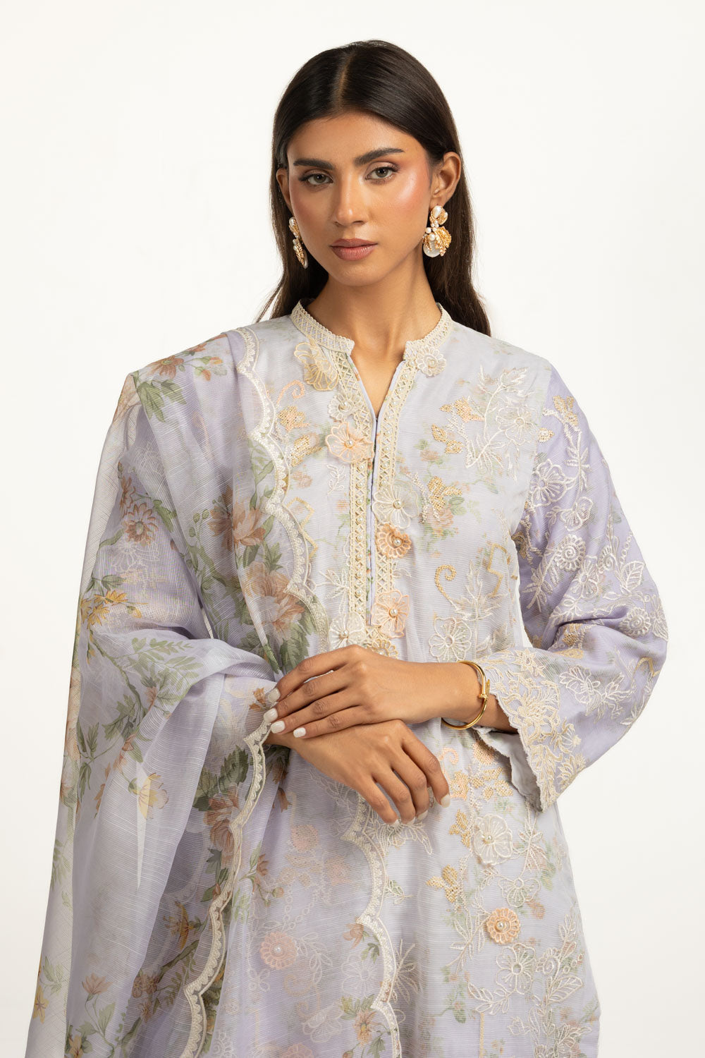 3Pc Poly Slub Printed Suit With Embroidered