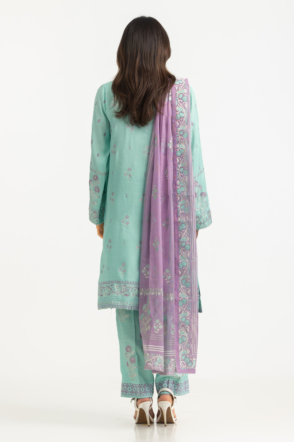 3Pc Raw Silk Gold And Lacquer Printed Suit