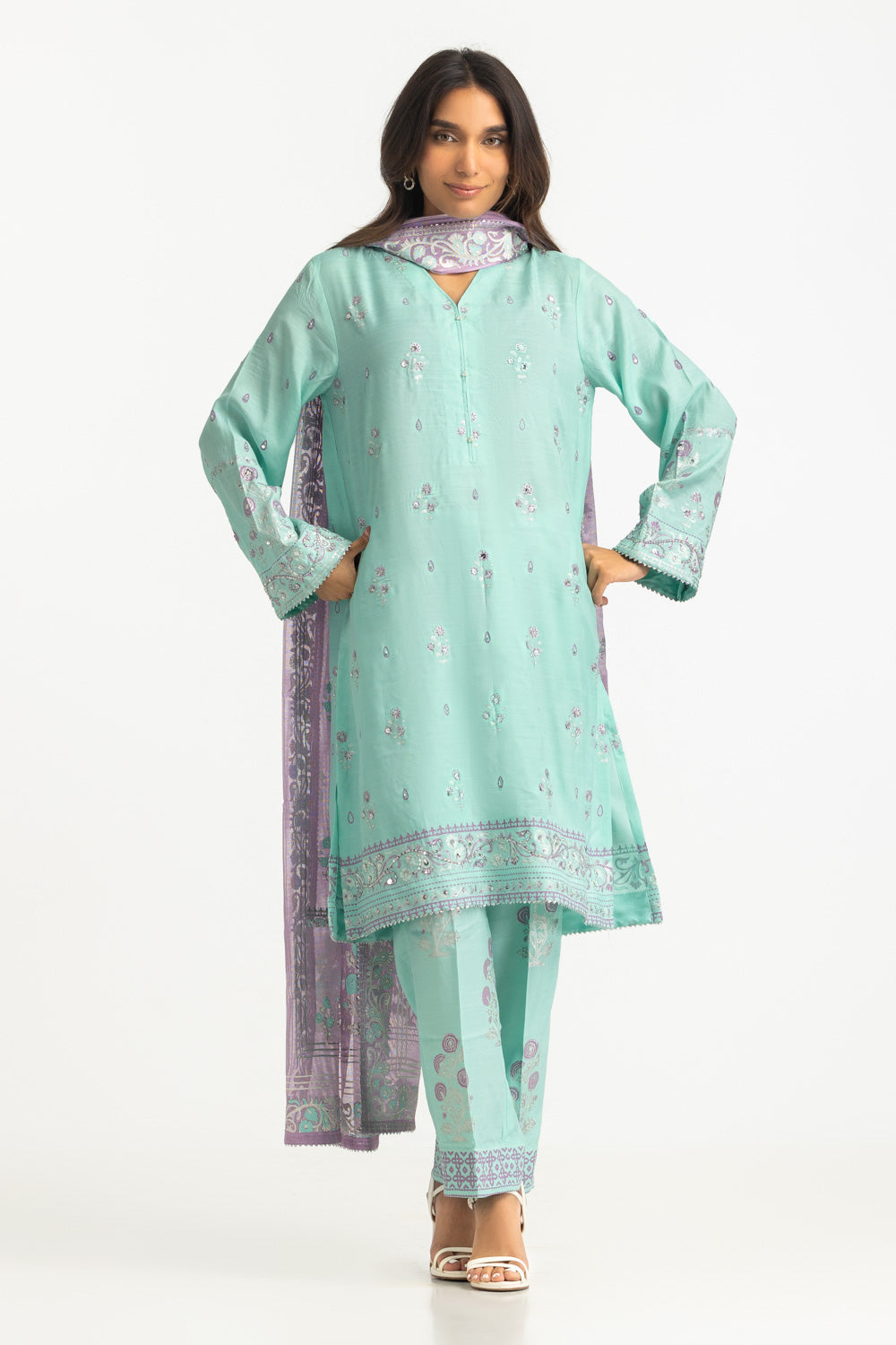 3Pc Raw Silk Gold And Lacquer Printed Suit