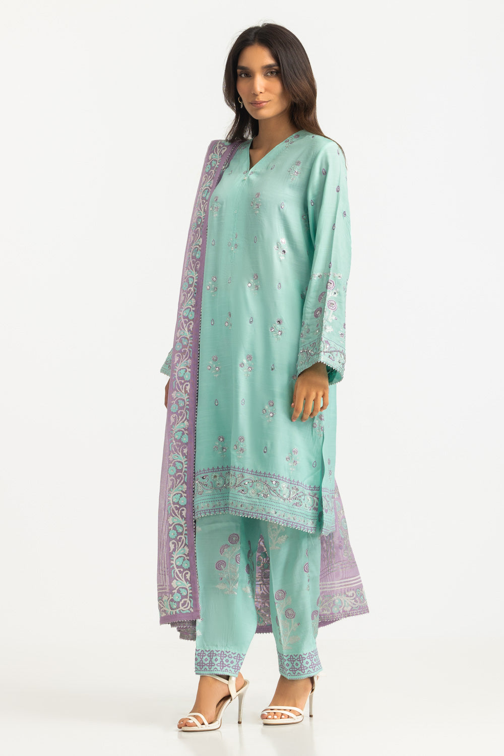 3Pc Raw Silk Gold And Lacquer Printed Suit