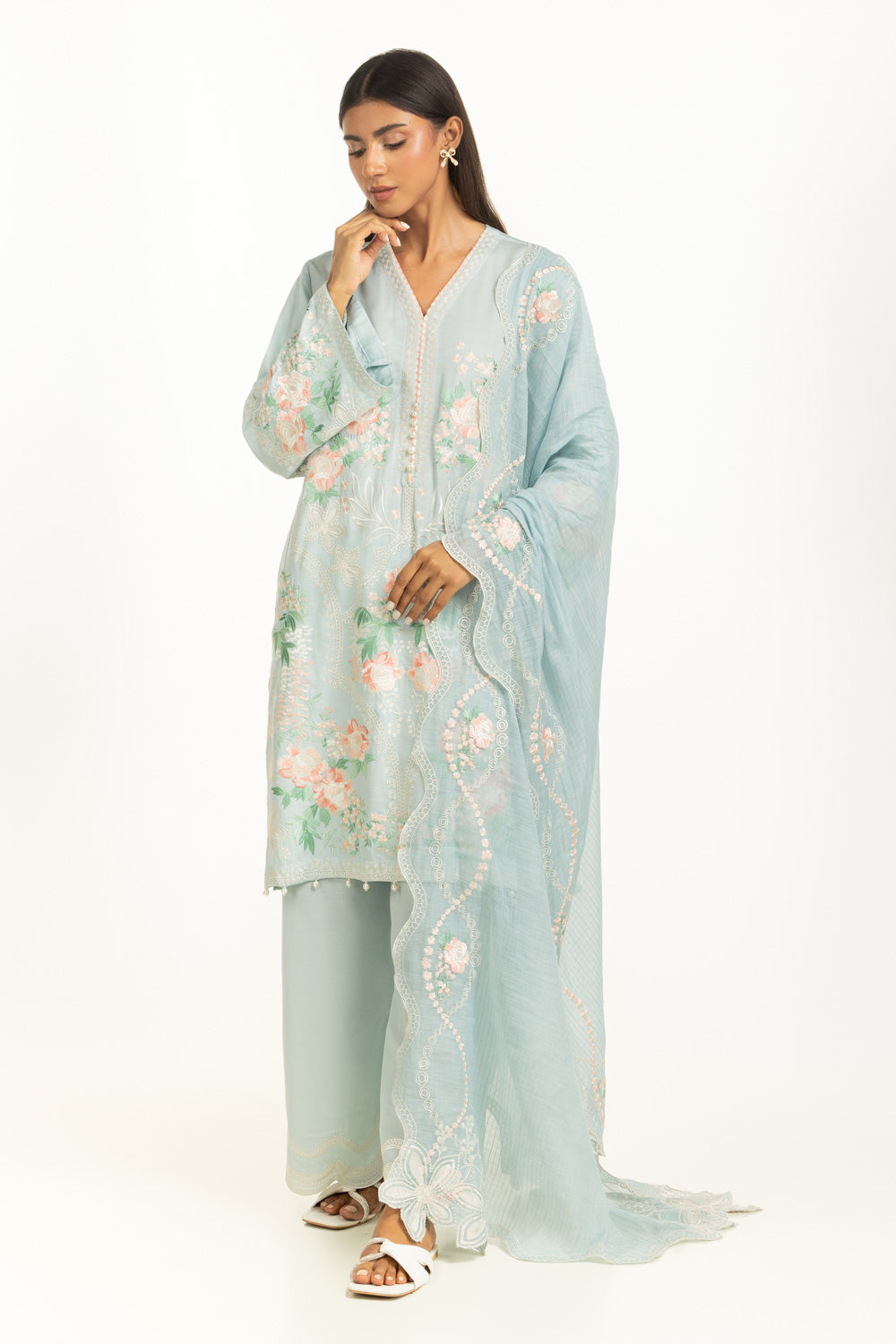 3PC Swiss Lawn Slub Embroidered Suit