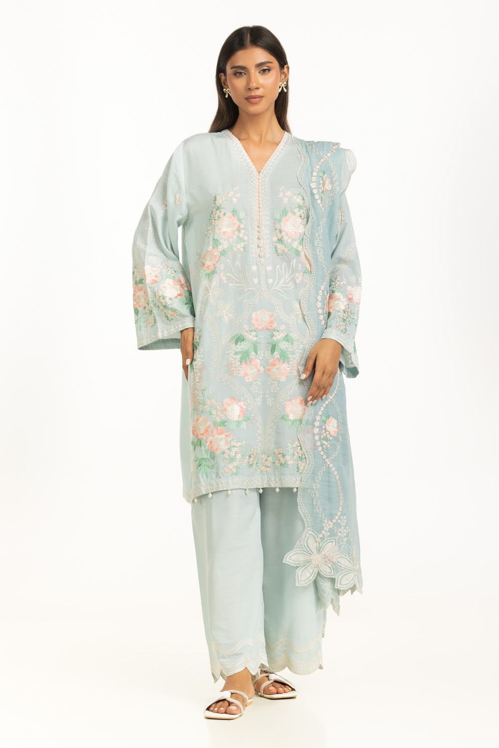 3PC Swiss Lawn Slub Embroidered Suit
