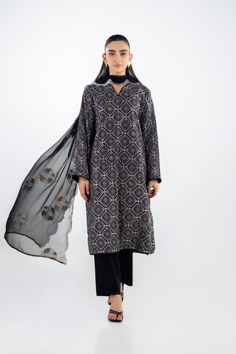 3Pc Swiss Voile Embroidered Suit