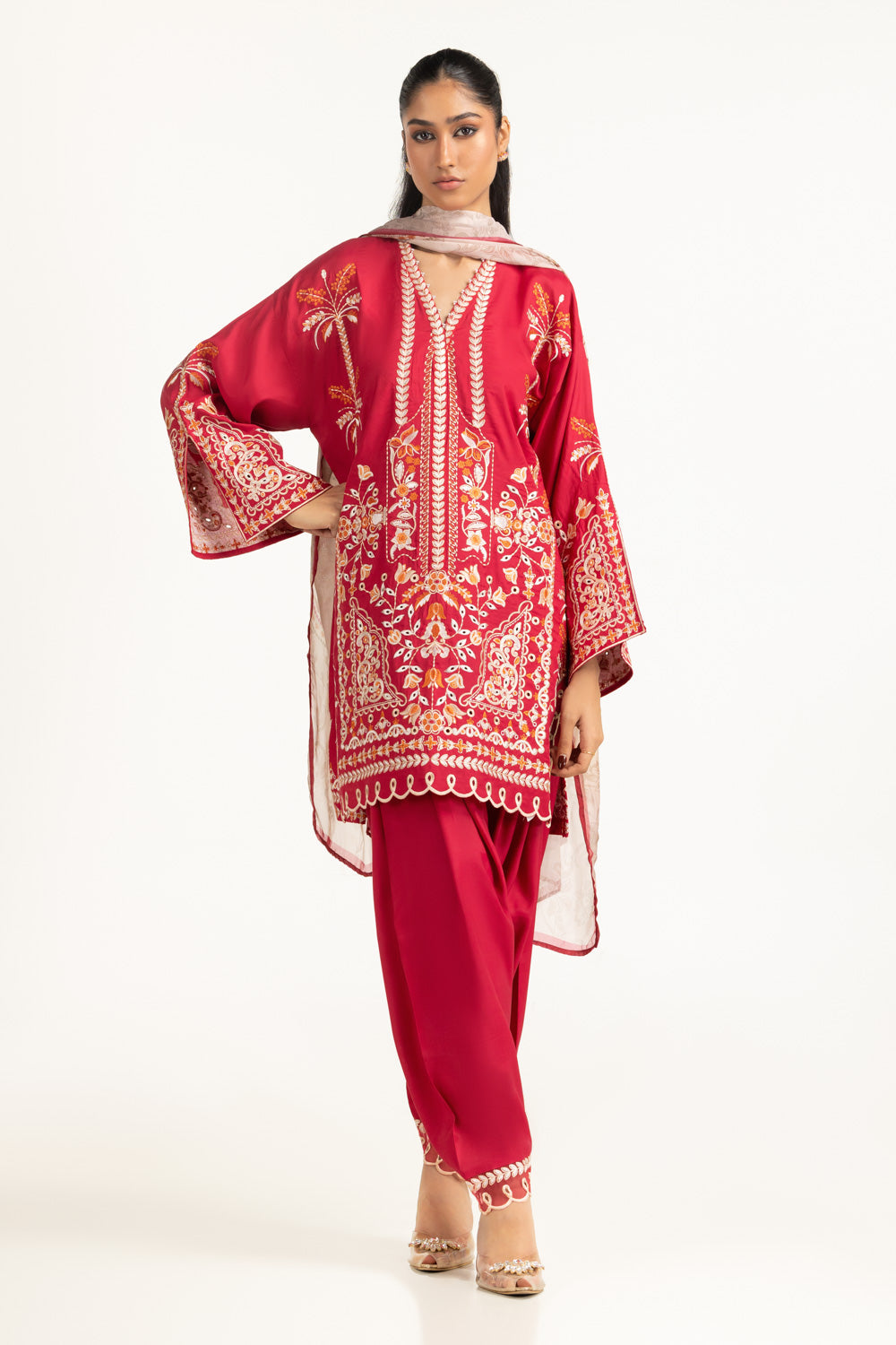 3Pc Viscose Rawsilk Embroidered Suit