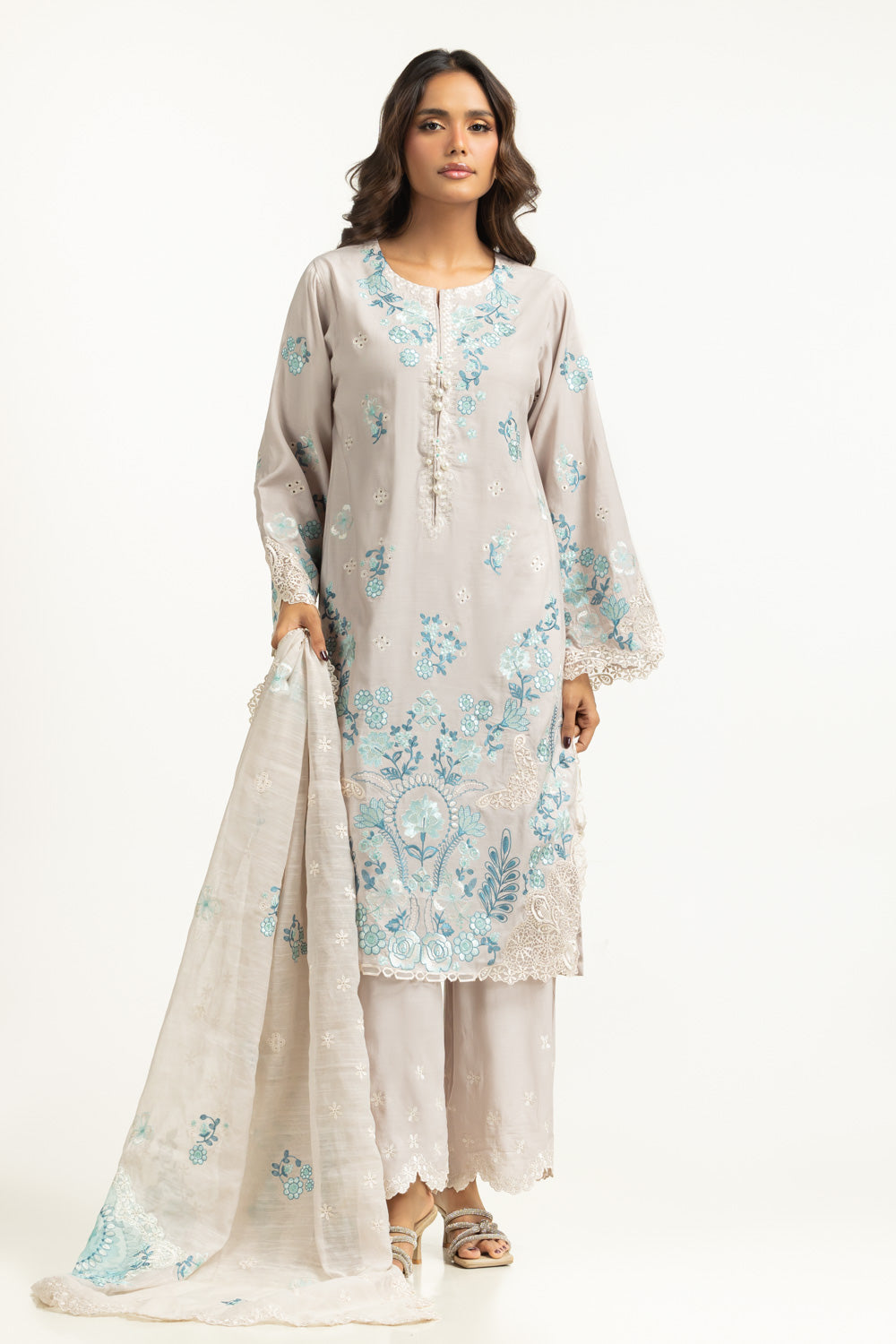 3PC Viscose Rawsilk Embroidered Suit