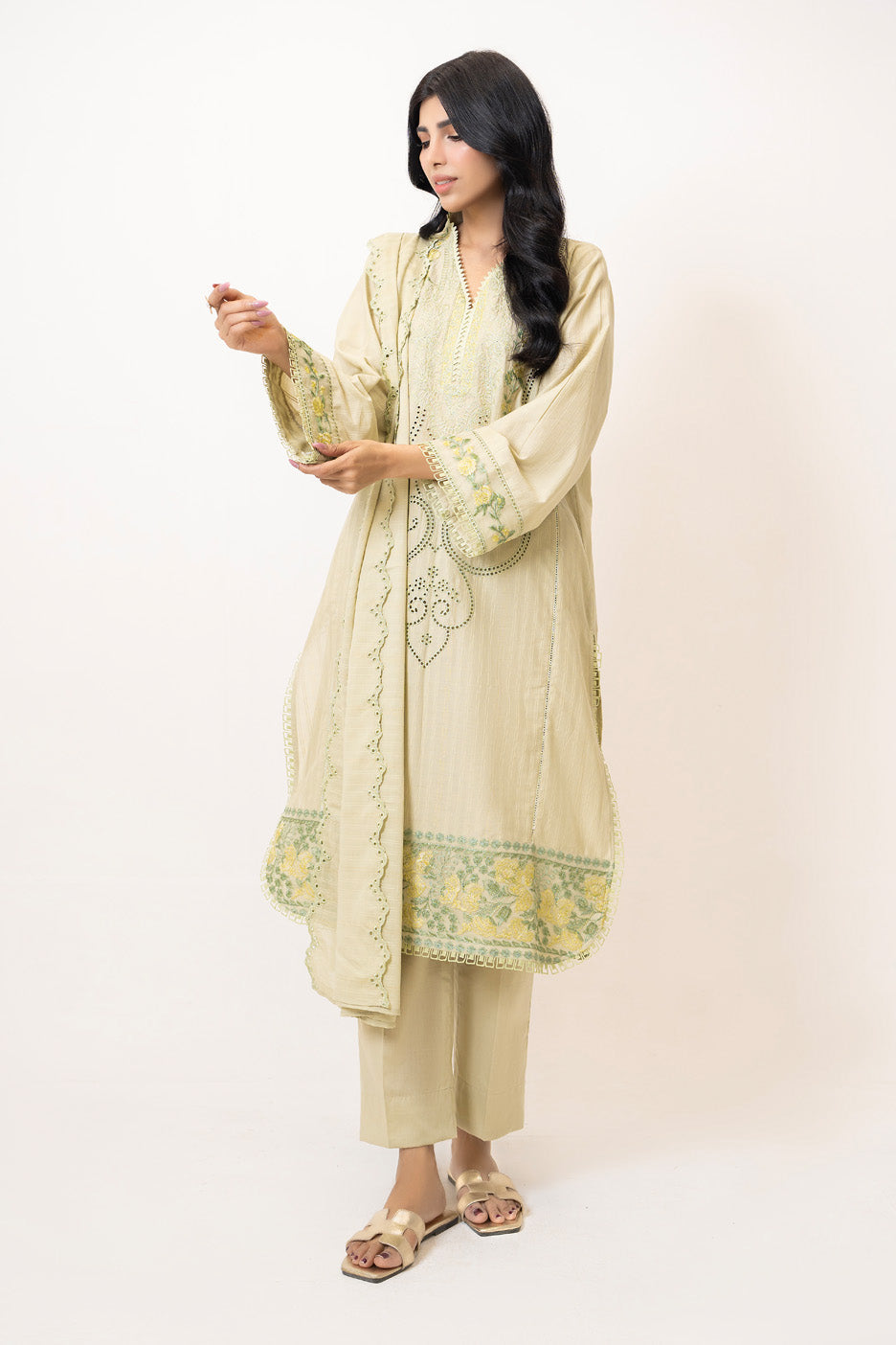 3Pc Zari Stripe Embroidered Suit