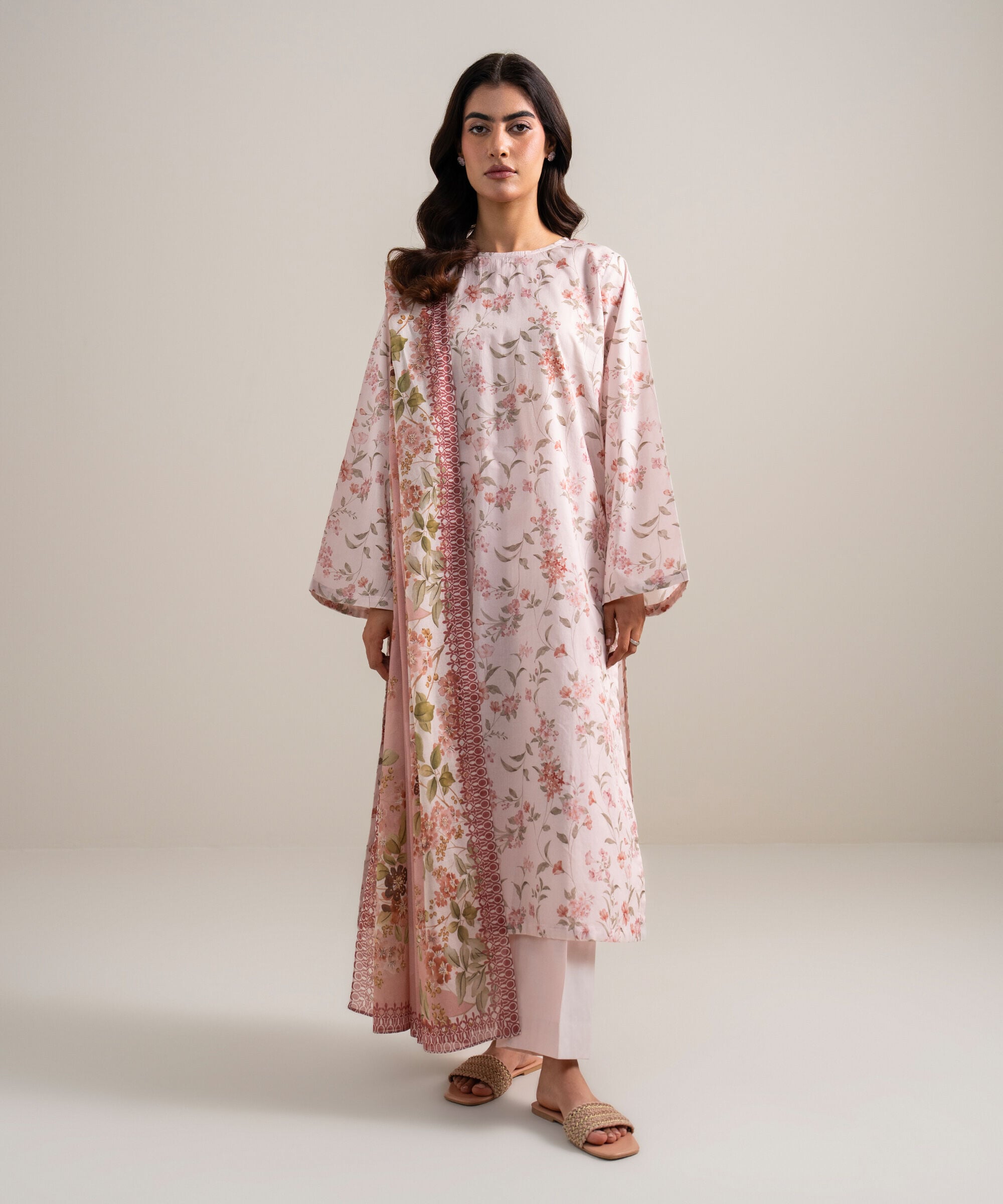 Women's Unstitched Lawn Embroidered Light Pink 3 Piece Suit