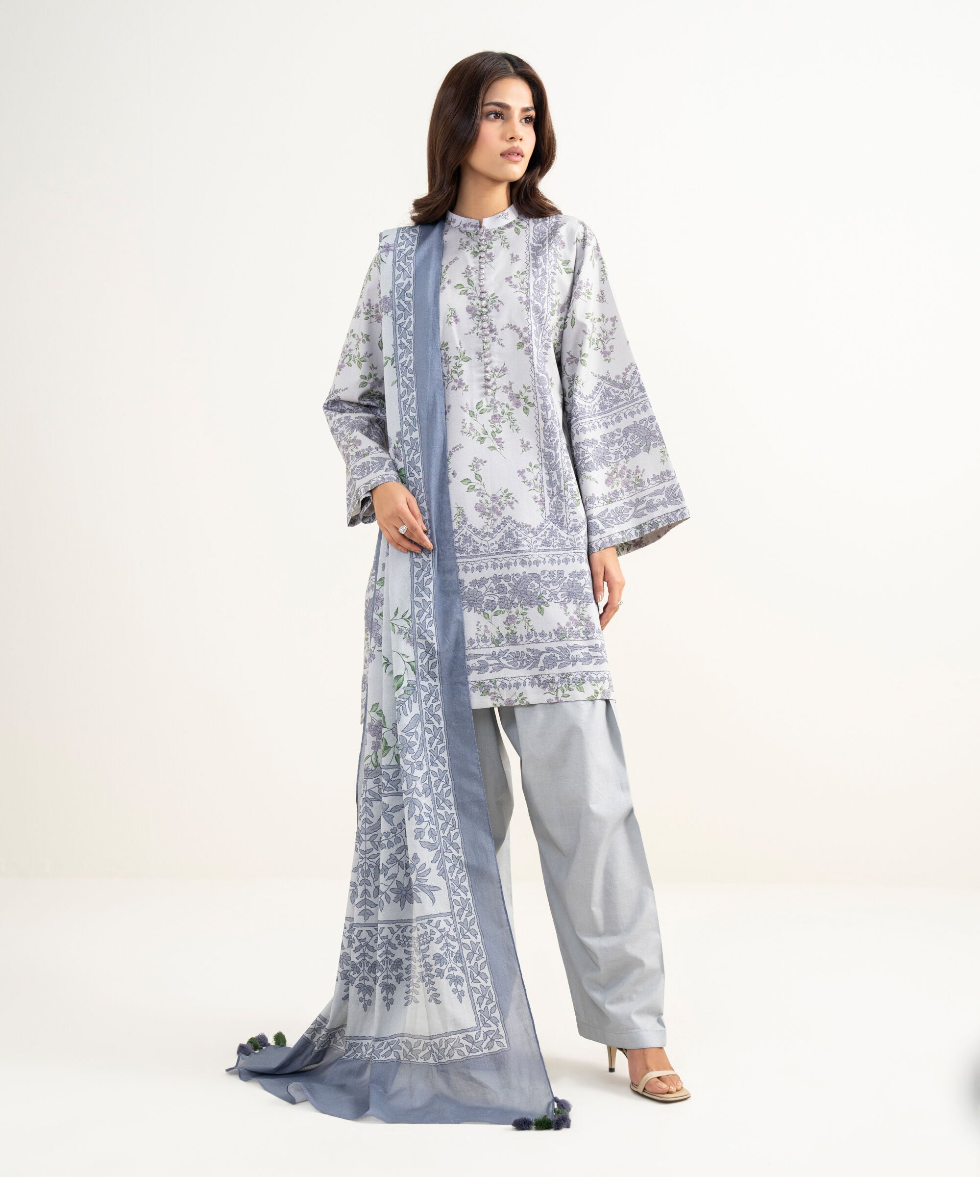 Women's Unstitched Zari Lawn Printed Purple 3 Piece Suit