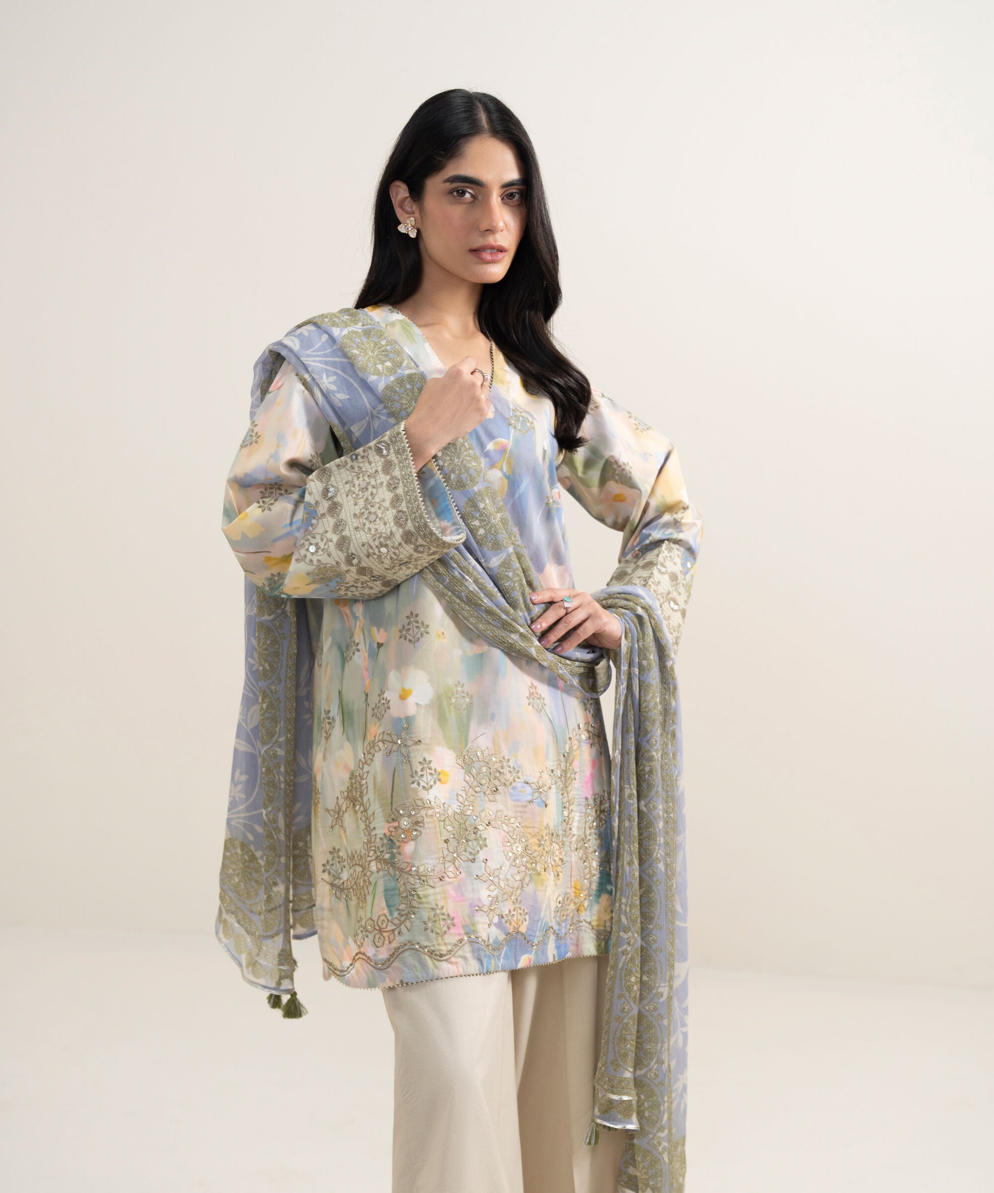 Women's Unstitched Lawn Embroidered Multi 3 Piece Suit