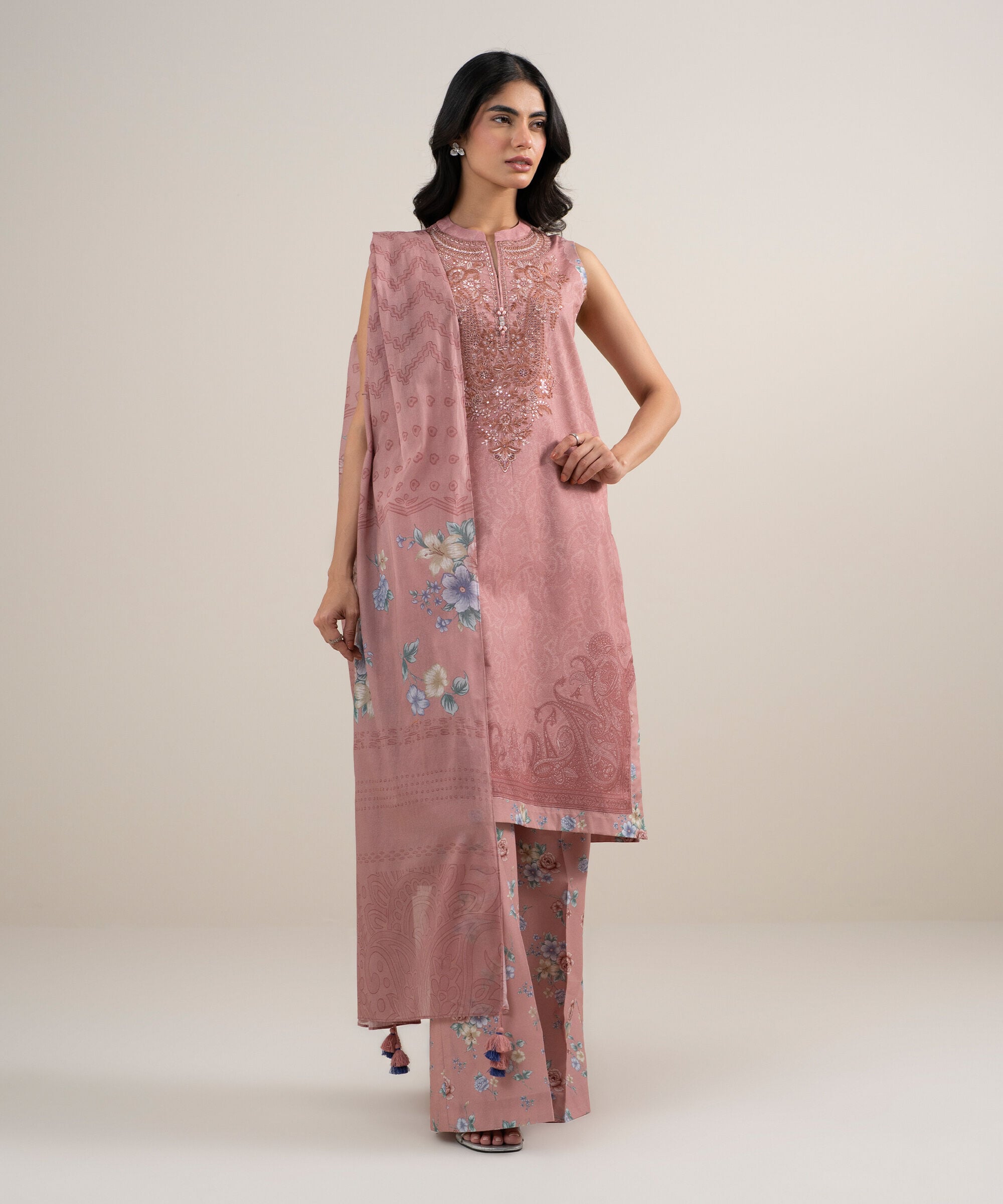 Women's Unstitched Lawn Embroidered Pink 3 Piece Suit