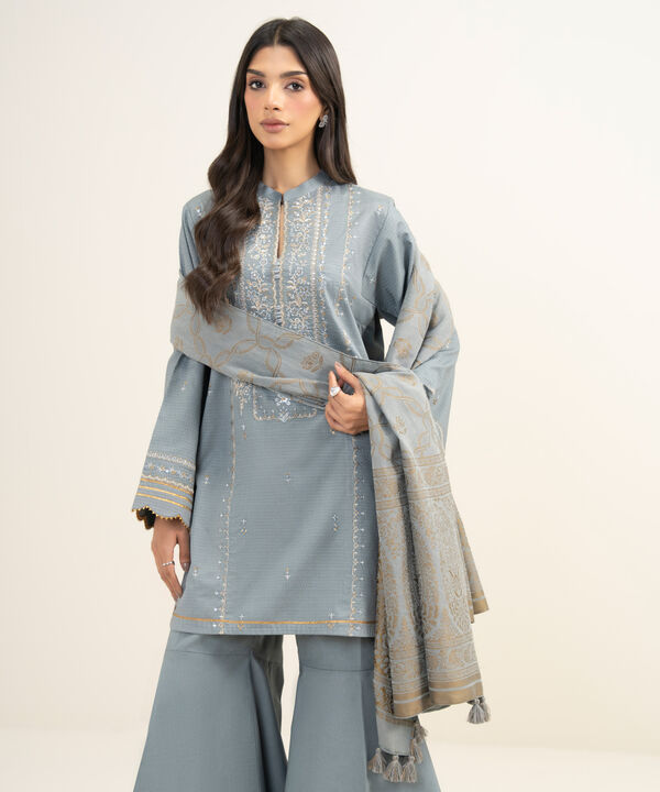 3 Piece - Embroidered Dobby Suit