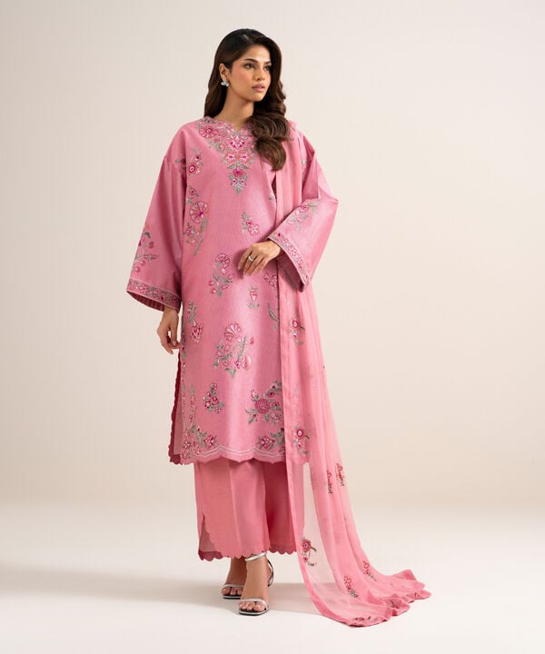 3 Piece - Embroidered Cotton Net Suit