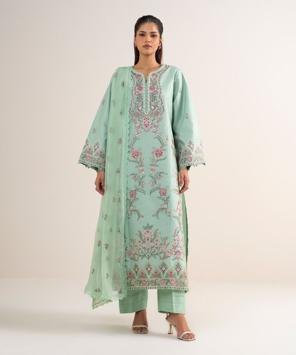 3 Piece - Embroidered Cotton Net Suit