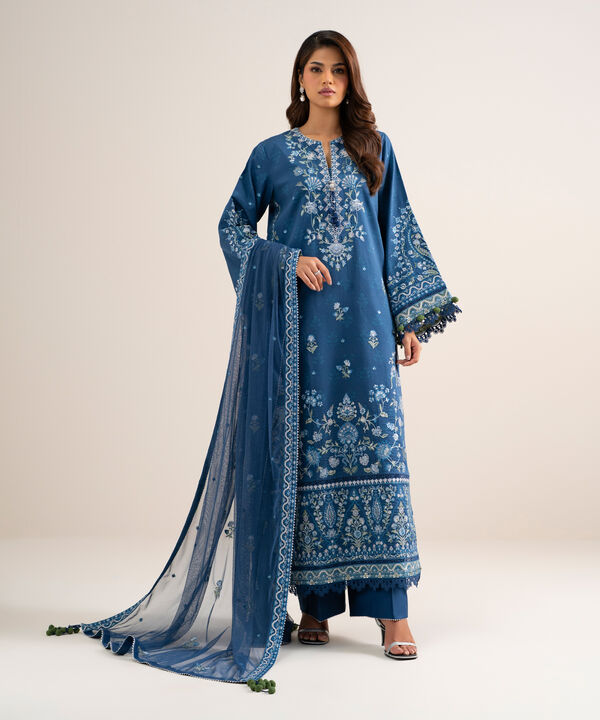 3 Piece - Embroidered Cotton Satin Suit