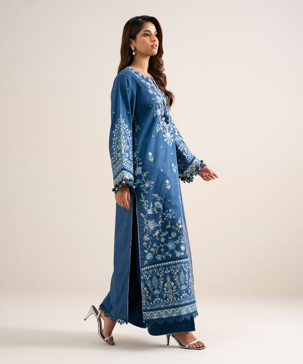 3 Piece - Embroidered Cotton Satin Suit