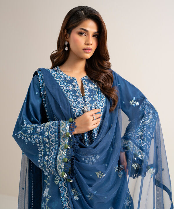 3 Piece - Embroidered Cotton Satin Suit