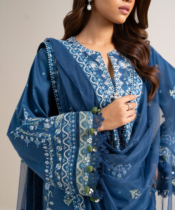 3 Piece - Embroidered Cotton Satin Suit