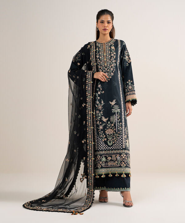3 Piece - Embroidered Cotton Satin Suit
