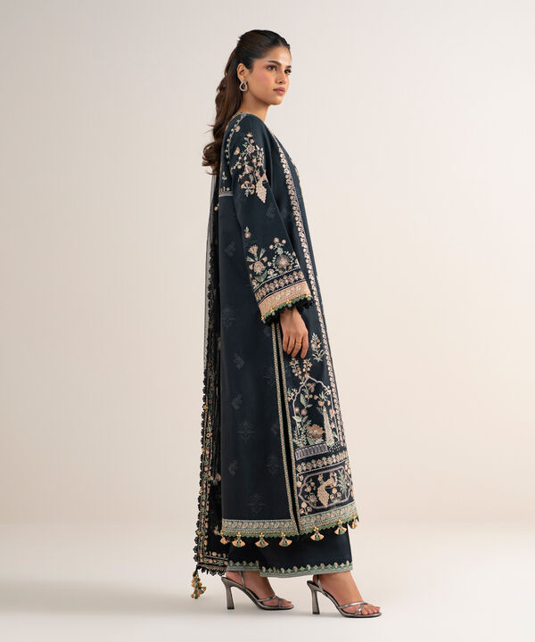 3 Piece - Embroidered Cotton Satin Suit