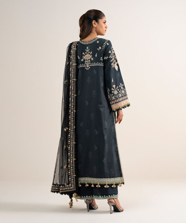 3 Piece - Embroidered Cotton Satin Suit