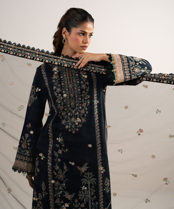 3 Piece - Embroidered Cotton Satin Suit