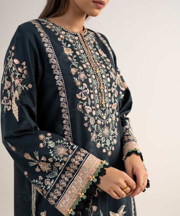 3 Piece - Embroidered Cotton Satin Suit