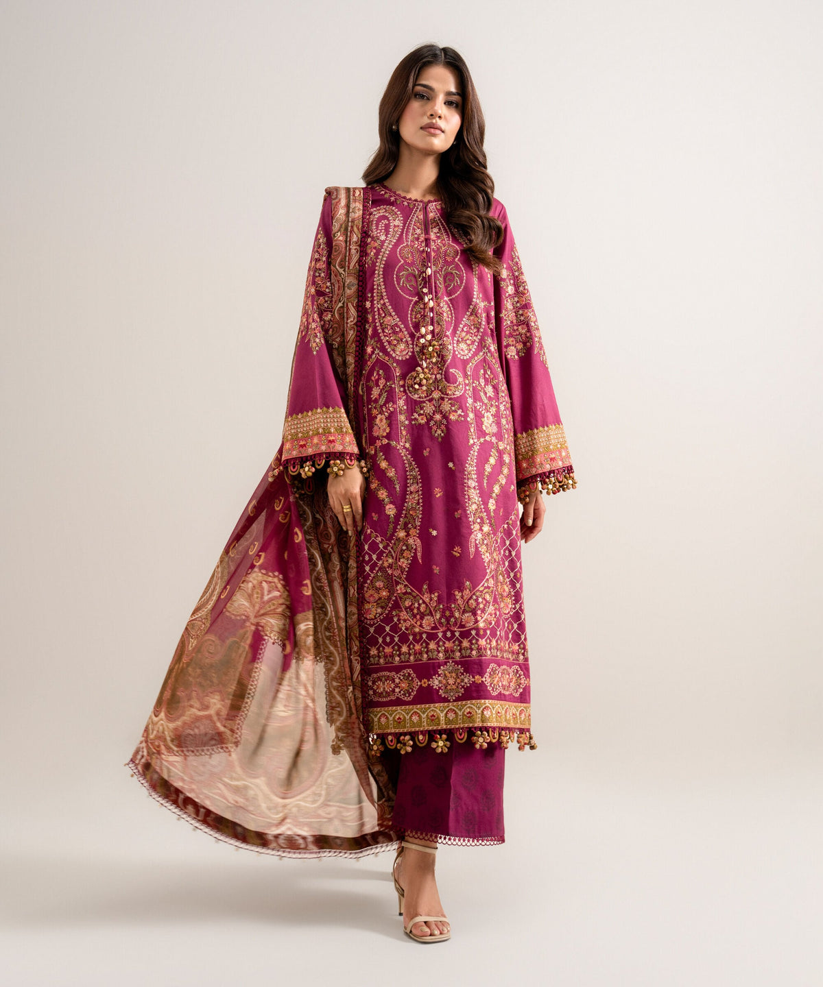 3 Piece - Embroidered Cotton Satin Suit 3PELXS26V830