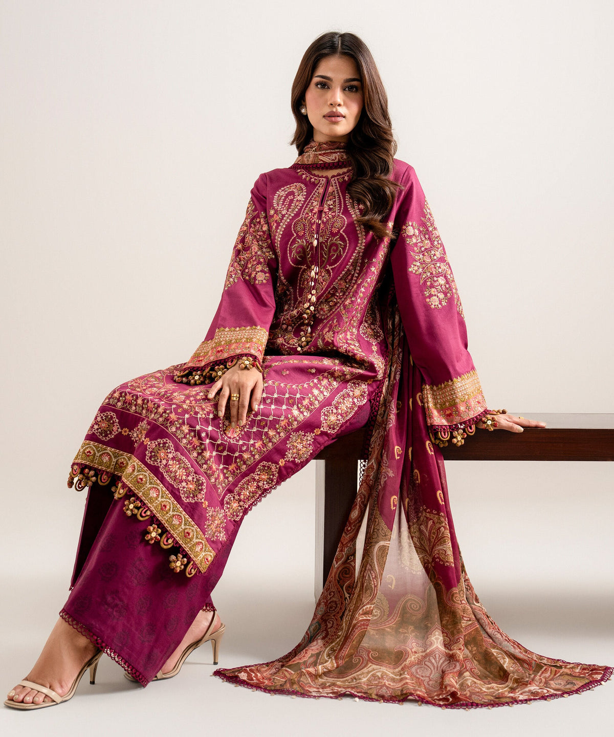 3 Piece - Embroidered Cotton Satin Suit 3PELXS26V830