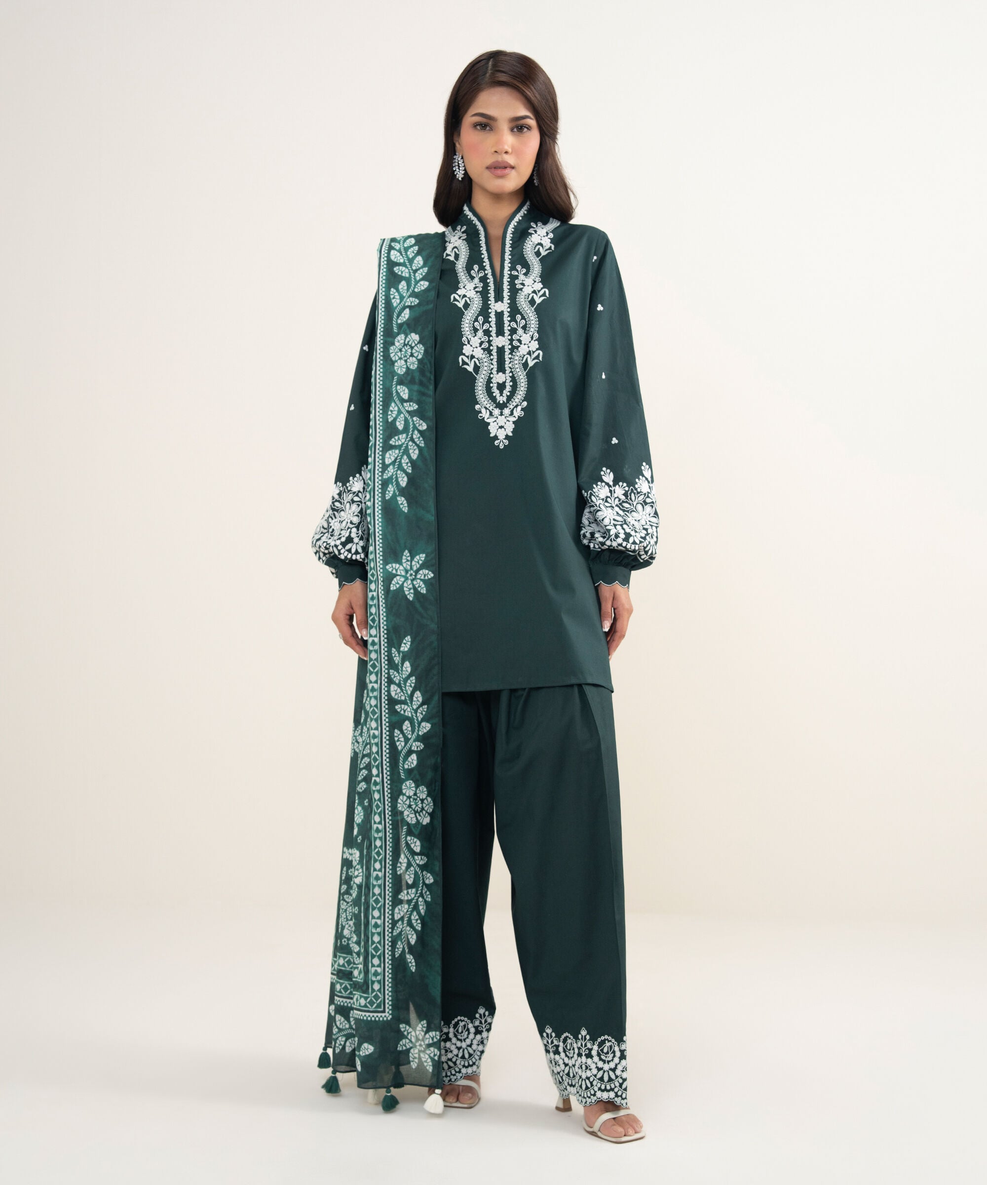 Women's Unstitched Cotton  Embroidered Teal Green 3 Piece Suit