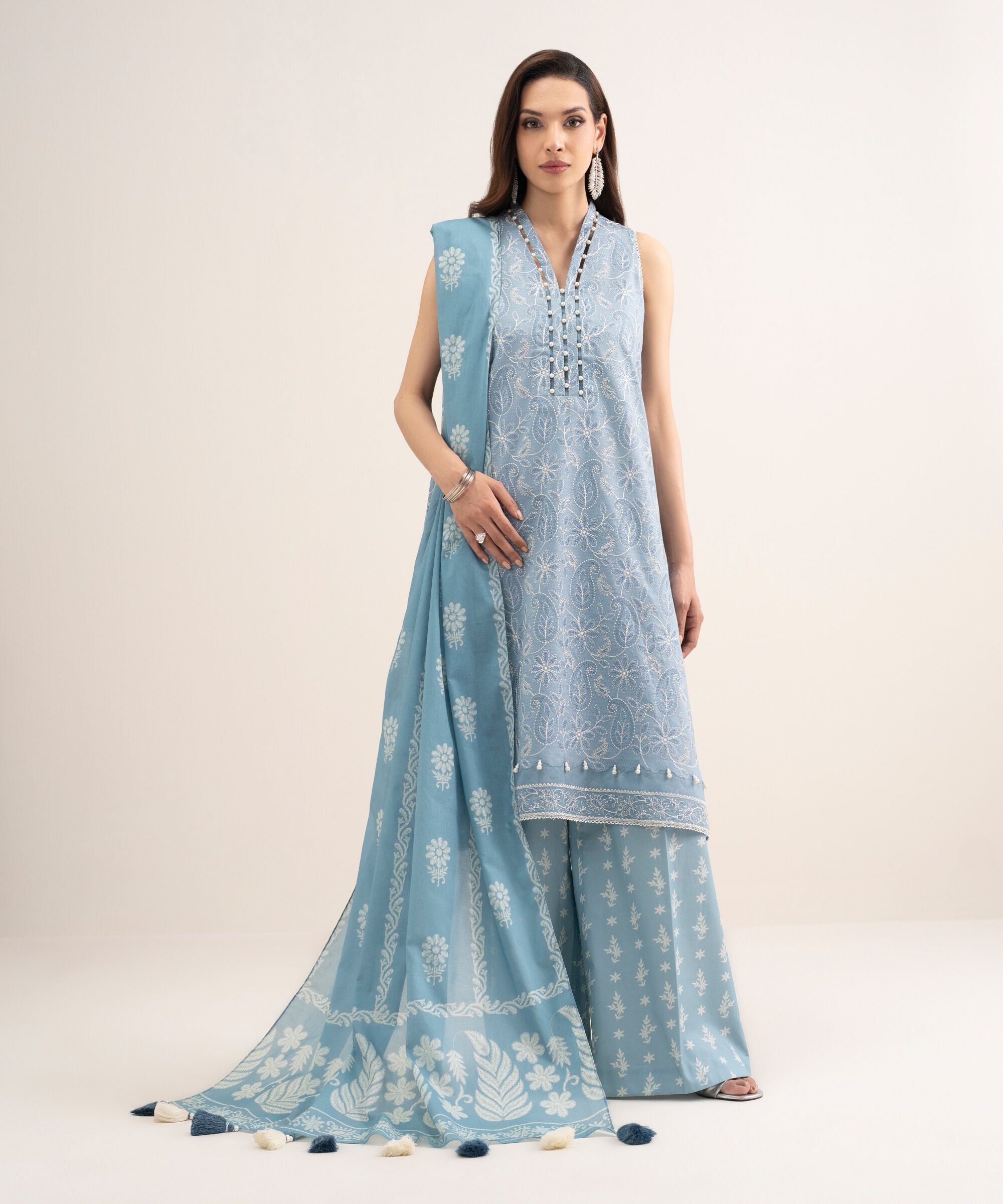 Women's Unstitched Dobby Embroidered Blue 3 Piece Suit