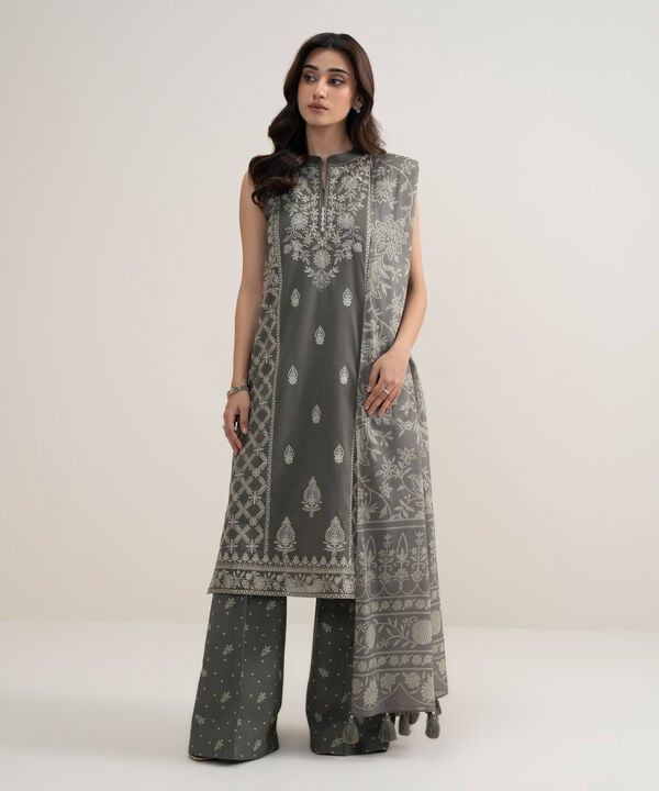 3 Piece - Embroidered Dobby Suit
