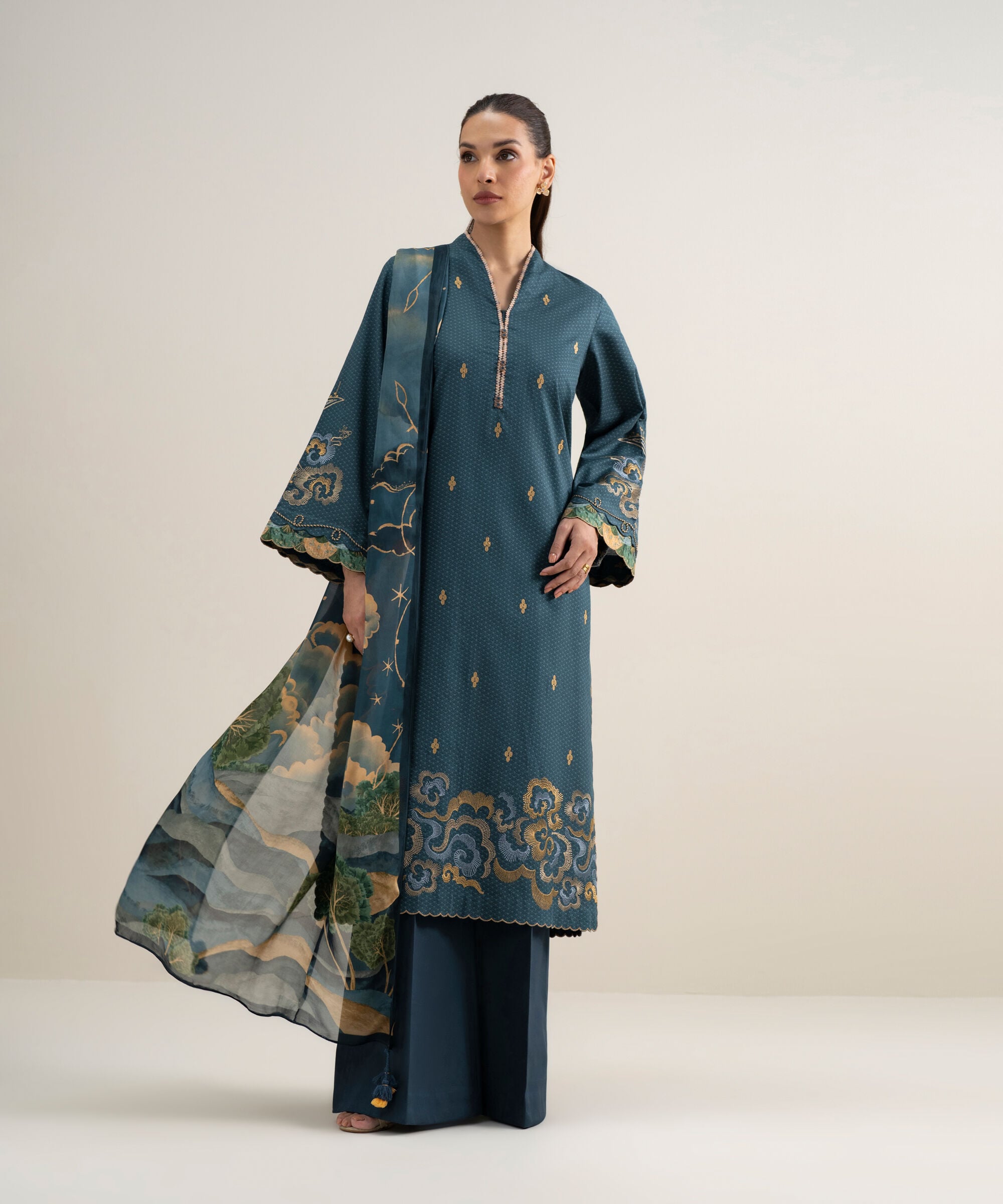 3 Piece - Embroidered Dobby Suit