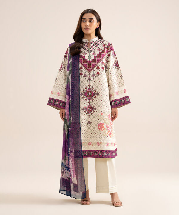 3 Piece - Embroidered Zari Cotton Suit