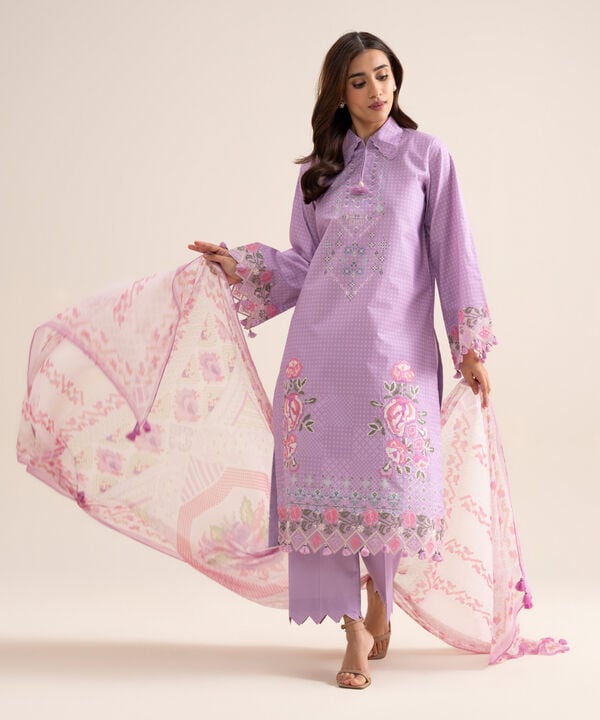3 Piece - Embroidered Zari Cotton Suit