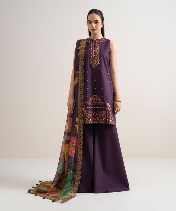 3 Piece - Embroidered Cotton Satin Suit