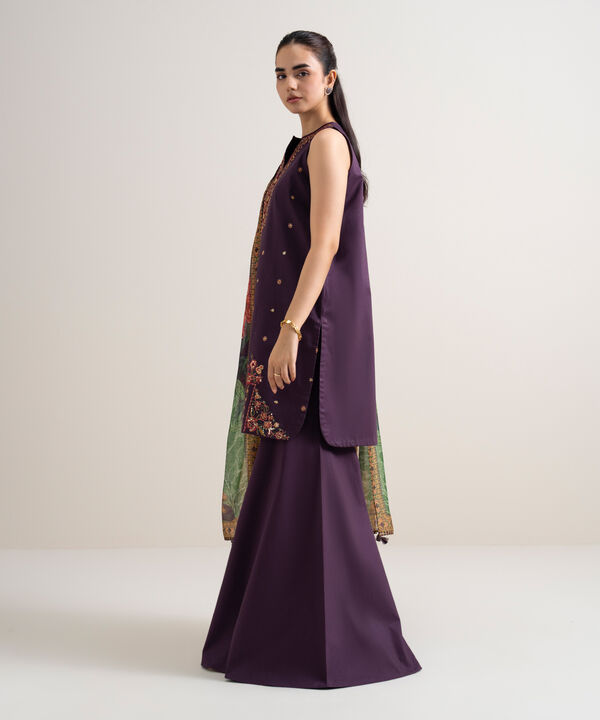 3 Piece - Embroidered Cotton Satin Suit