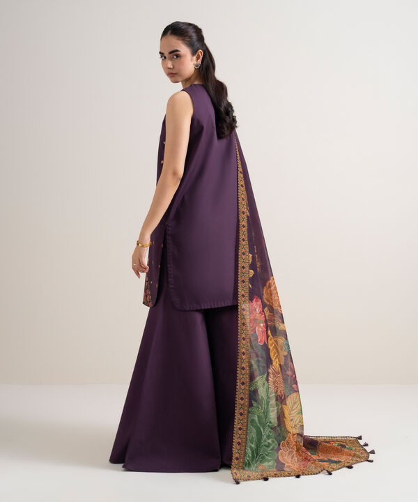 3 Piece - Embroidered Cotton Satin Suit