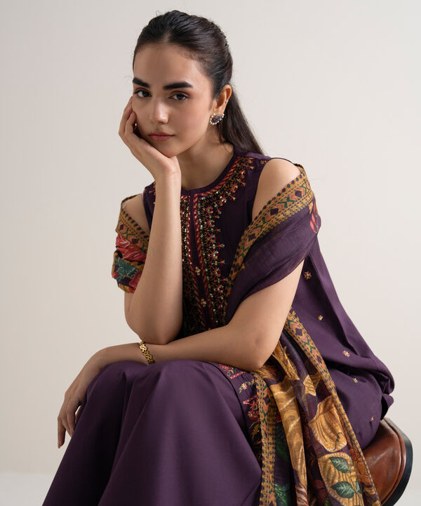 3 Piece - Embroidered Cotton Satin Suit